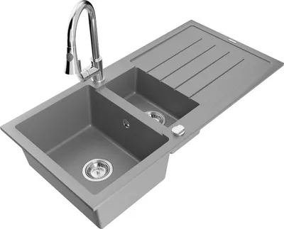 Produktbild von Mexen Andres 1,5-Becken-Granitspüle mit Abtropffläche und Mischbatterie Elia, Grau - 6515-71-670101-00