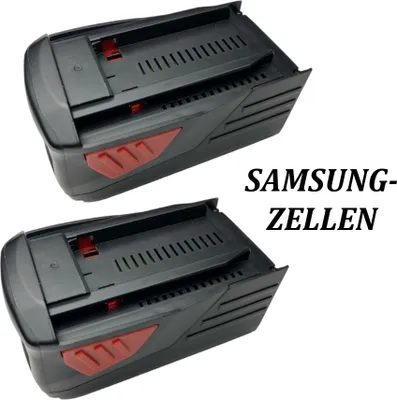 Two black and red power tool batteries are shown against a white background.