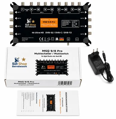Produktbild von SAT-Multischalter MSQ 9/8 Pro für 2 Satelliten & 8 Teilnehmer. DiSEqC 2.0, integrierter Verstärker, Quattro & Quad LNB tauglich. 4K UHD, Sky & HD+ geeignet.