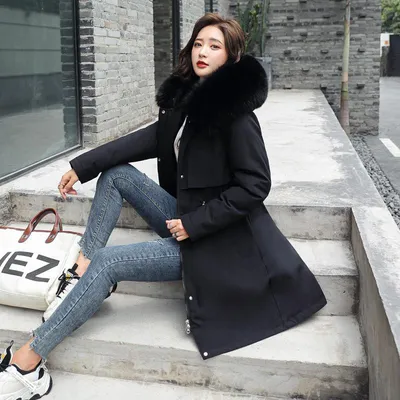 Produktbild von Außenhandel neuer Wintermantel mit Baumwollpolsterung für Damen, koreanische Version, mittellang, großer Pelzkragen, Samtfutter, Mantel, Baumwollpolstermantel, trendig für Damen, Schwarz XXXL