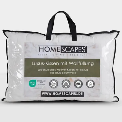 Produktbild von HOMESCAPES Schafwollkissen 48 x 74 cm – mittelweiches Kopfkissen mit Wollfüllung & wattiertem Bezug