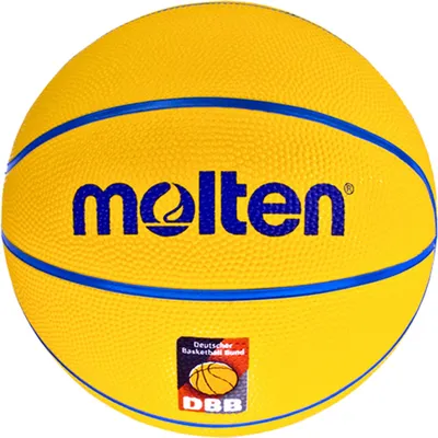 A yellow Molten basketball with blue lines and branding.
