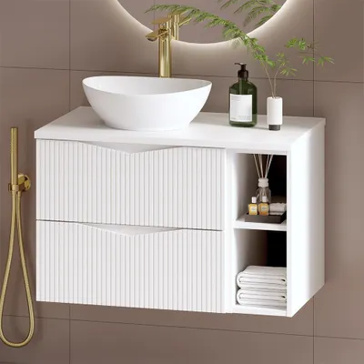 Produktbild von Badezimmer Waschtisch mit 80 cm Breite in weiß mit gerillter Front, 2 Schubladen - CALURI-140