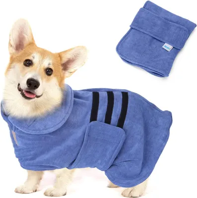 Produktbild von Hundebademantel Mikrofaser mit Klettverschluss,Super saugfähig und schnell trocknend,Bademantel für alle Katzen und Hunde Hundehandtuch Weich (M)