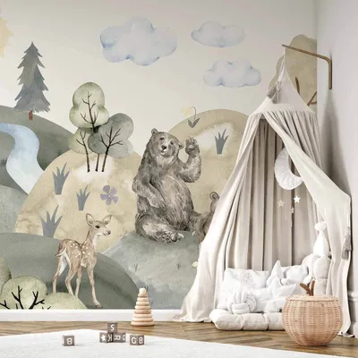 Produktbild von Vlies Fototapete - Green Hills - a Valley With Animals Painted in Watercolours 350x256 cm Für Kinder e-C-10083-a-a