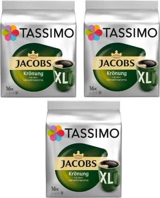 Three packages of TASSIMO Jacobs Krönung XL coffee pods are displayed in a collage.