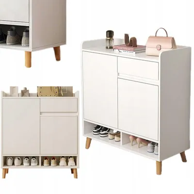 Collage of white furniture items, likely shoe cabinets, with decorative items and shoes.