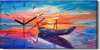 Produktbild von Leinwand Uhr Küche Wohnzimmer Bild 60x30 Ölgemälde Boot Sonnenuntergang Kunst - schwarze Hände