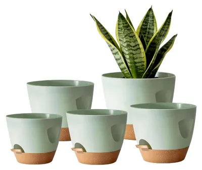 Produktbild von 5 Packs Blumentopf Selbstbewässernd, 17.8cm/16.5cm/15.2cm/14cm/12.7cm Blumentopf Pflanzentopf mit Untersetzer, Kunststoff-Blumentöpfe mit Einem Griff für Innen und Balkongärten(Grün)