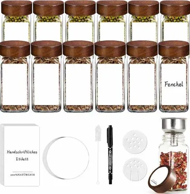 Produktbild von Famanu Kräuterpotset 12 Glasbehälter 120 ml - Inklusive Etiketten zur Kräuterorganisation