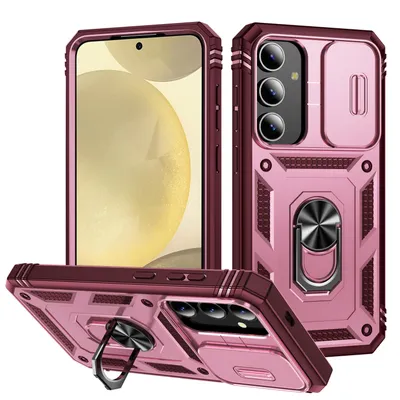 Image de Étui pour Samsung Galaxy S25 avec protection coulissante de l'appareil photo, résistant aux chocs, avec porte-anneau, support et porte-cartes Rose
