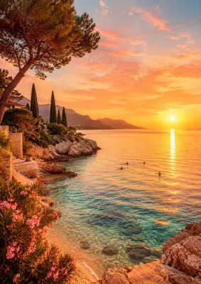 Immagine prodotto di Poster Mediterraneo formato DIN A2 - "Nuoto al tramonto" con immagine del tramonto sul mare, finitura opaca