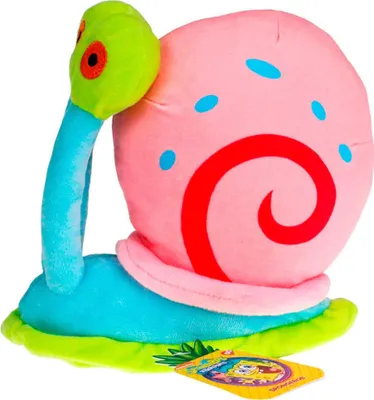 A plush toy of Gary the Snail from SpongeBob SquarePants is shown against a white background. A yellow tag with images of SpongeBob characters is visible at the bottom.