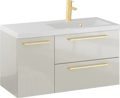 Produktbild von FURNI Waschtischunterschrank RON 90 D P cm - Kaschmir - Hängender Badschrank mit Mineralguss - Waschbecken - Griffe Gold gebürstet - Vormontiert