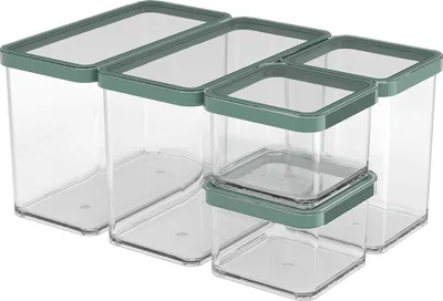 A set of five clear plastic food storage containers with green lids, arranged in a group.