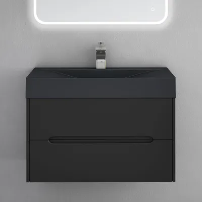 Image de doporro Meuble de Salle de Bain Suspendus Noir Mat 80x48x56cm Ensemble de 2 Pièces Meuble avec Lavabo Design Yoga-Lackier