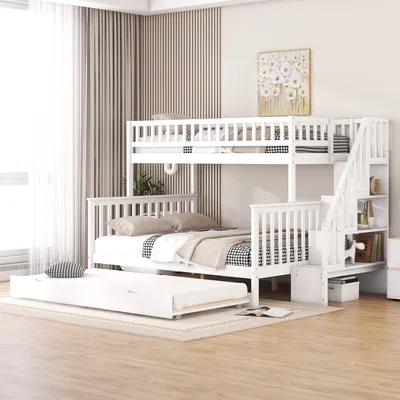 Produktbild von Flieks Etagenbett mit Rausfallschutz, Hochbett mit Treppe, Kinderbett mit Unterbett und Regalen, Massivholzbett Stockbett 90x200cm / 140x200cm, Weiß