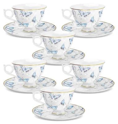 Productafbeelding van Omgoods - Set van 6 Vintage Porseleinen Koffiekopjes met Schotels