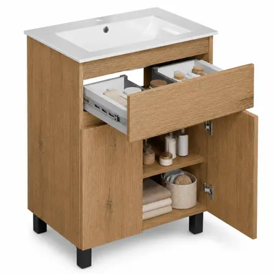 Produktbild von paplinskimoebel Badezimmermöbel Unterschrank + Waschbecken Matt Eichenoptik -Korpus Holz Toiletteschrank Schublade Gästebad Türen Beine Badmöbelset 60