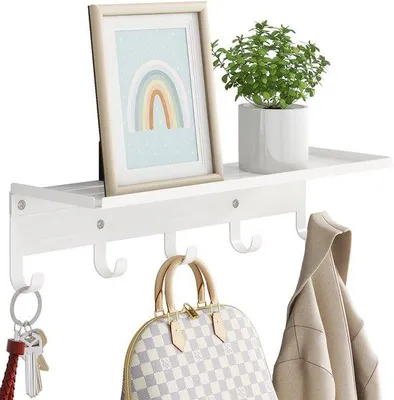 Productafbeelding van Ibenzoa® Wandgarderobe met opbergruimte en 5 haken – Metalen garderobe, matwit, 43 x 10 x 12 cm, roestbestendig, ruimtebesparend voor hal, keuken, badkamer