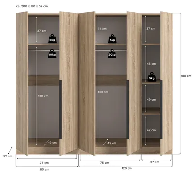 Produktbild von xonox.home Kopenhagen Kleiderschrankkombination (B/H/T: 200x180x52 cm) in Sonoma Eiche Nachbildung und Sonoma Eiche Nachbildung