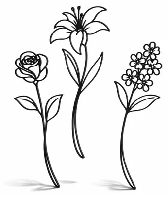 2D Dekorative Blumen Set von 3, Minimalistisch, 19-20 cm, Schwarz