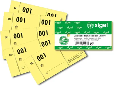 Produktbild von SIGEL GN500 Garderobe-Nummernblock, 5er-Pack, nummeriert 1-500, 2-fbg. sortiert, mit perforiertem Abriss und Lochstanzung für den Kleiderbügel, 105x50 mm, 5 x 100
