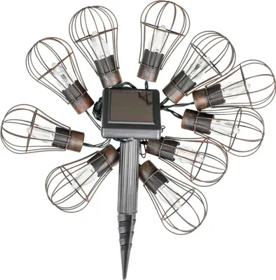 A solar-powered string of lights with a stake for garden or balcony decoration.