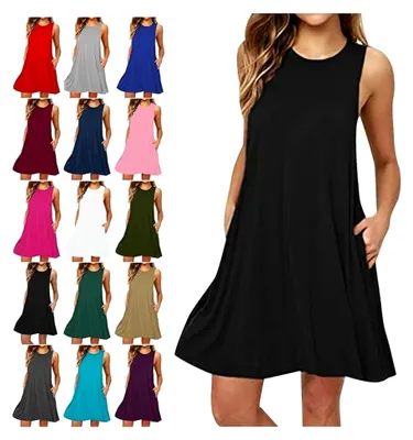Produktbild von Damen Sommerkleid Leicht und Luftig Kurz Elegant Casual Ärmellos Rundhals Freizeitkleid mit Taschen