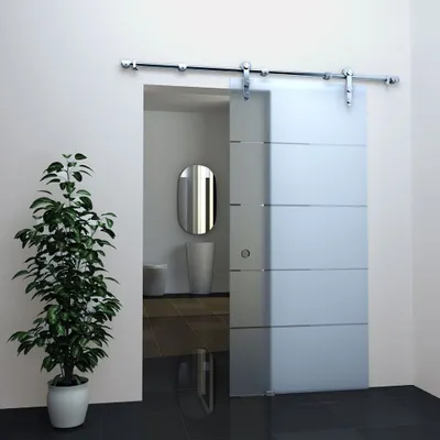 A frosted glass sliding door in a modern bathroom.