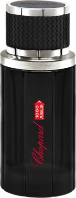 A product shot of a black perfume bottle with silver and red accents.