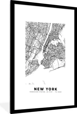 Produktbild von MuchoWow® Gerahmtes Poster New York - Stadtplan - Schwarz und weiß - Karte 60x90 cm - Poster mit Schwarzem Bilderrahmen Wandposter Rahmen Foto Bilder - Dekoration - Wandposter Wohnzimmer - Hochwertig