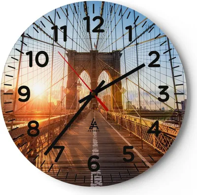 Produktbild von Wanduhr - Rund - Glasuhr - New York Brücke - 30x30cm - Schleichendes Uhrwerk - Lautlos - zum Aufhängen bereit - Dekoration Modern - Wanddekoration aus Glas - C4AR30x30-3707
