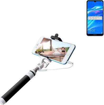 Produktbild von K-S-Trade Selfie Stick kompatibel mit Huawei Y7 Pro 2019 Selfiestick kabelgebunden Monopod mit Kabel Stab Stange Selfportrait Handheldstick schwarz
