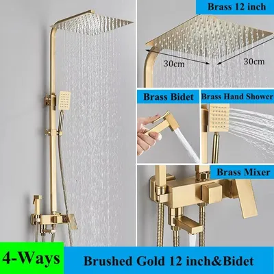 Produktbild von Duschsystem - Wandmontierte Regendusche mit Wannenarmatur - 30 cm Duschkopf - Schwenkauslauf 15 cm - Einhebelmischer - Keramikkartusche - Höhenverstellbar - Gebürstetes Gold