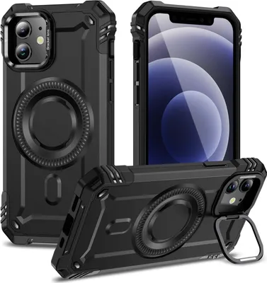 Produktbild von Magnetisch Hülle für iPhone 12/iPhone 12 Pro, Heavy Duty Militärischer Stoßfest Handyhülle Kamera-Ringständer Schwarz