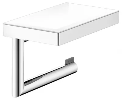 A chrome toilet paper holder with a white glass shelf.