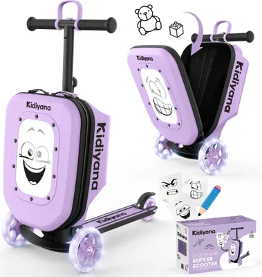 Immagine prodotto di Valigia monopattino Kidiyana viola, monopattino con ruote a LED, regolabile in altezza, finestra di visualizzazione A5, estensione dello spazio di archiviazione di 7 cm, adatto per il bagaglio a mano, a partire da 2 anni di età