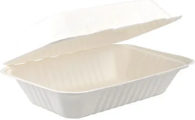 Produktbild von 25x Menüboxen aus Bagasse, naturweiß, 23x15cm, 25Stk.
