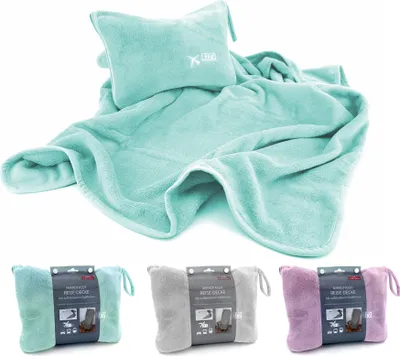 Produktbild von Heimtexland ® Reise-Set Reisedecke mit Nackenkissen aufblasbar kompakt leicht für Flugzeug Auto Bahn Camping Wandern Urlaub 80x120 Decke mit Tasche und Kissen für Unterwegs Typ908 türkis