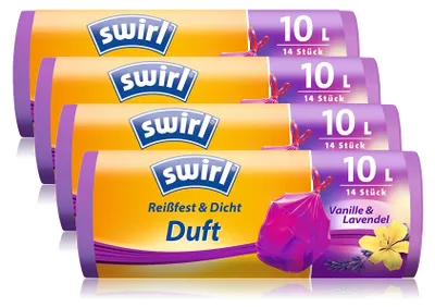 Produktbild von Swirl Duft-Müllbeutel Vanille-Lavendel mit Zugband, 10 Liter, 4 Rollen mit je 14 Beuteln