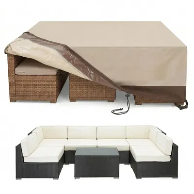Obrázek produktu pro (250 × 210 × 74 cm) Voděodolný kryt na zahradní nábytek z materiálu 600D Oxford, obdélníkový ochranný potah pro venkovní sedací soupravu, s reflexními úchyty, odvětráváním a ochranou proti větru, béžovo-hnědý
