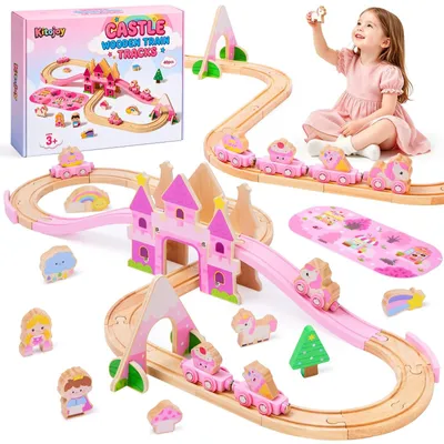 Imagen del producto de Juguetes para niñas a partir de 3, 4, 5 y 6 años. Set de 40 piezas de tren de madera con temática de castillo, color rosa