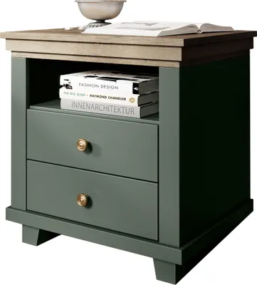 Produktbild von Nachttisch Landhausstil EPSOM-83 mit 2 Schubkästen, in grün mit Lefkas Eiche Nb., B/H/T: ca. 52/54/42 cm