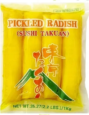 A bag of pickled radishes for sushi.