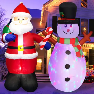 Aufblasbare Weihnachtsfigur 2er-Set, 5 Fuß, Weihnachtsmann & Schneemann mit LEDs