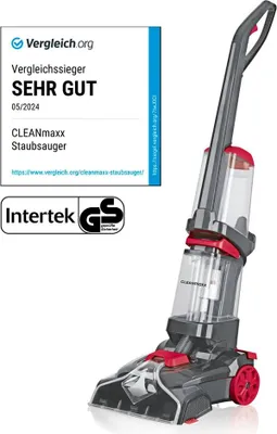 A floor cleaning machine is shown against a white background with certification logos and text overlays.