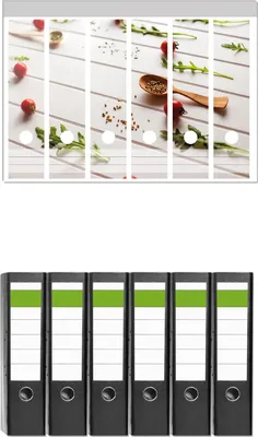 Produktbild von Wallario 6 Stück breite Ordner inkl. Klebeetiketten mit Motive Küche  Ruccola, Tomaten und Gewürze -  Set mit Rückenschildern / Ordnerrücken Stickern