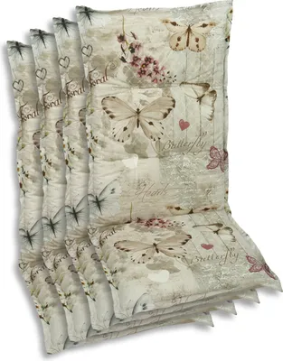 A stack of beige chair cushions with a vintage floral and butterfly pattern.