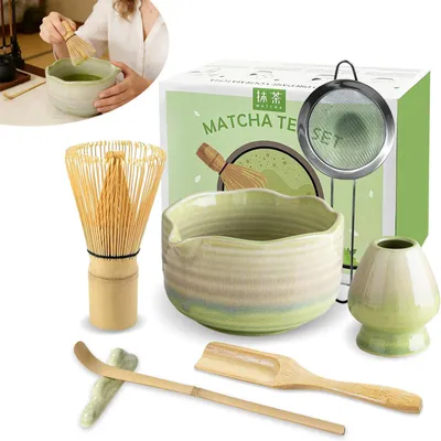 Produktbild von Matcha Set, Bambus Matcha Besen Set 7 Pcs, Keramik Matcha Schale und Besenhalter, Sieb, Löffel, Halter